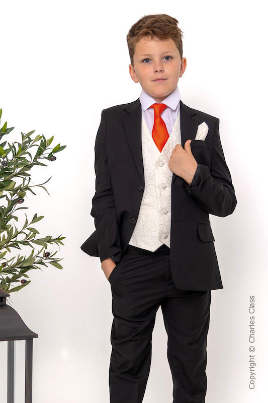 Boys Black & Ivory Suit with Orange Tie - Roland